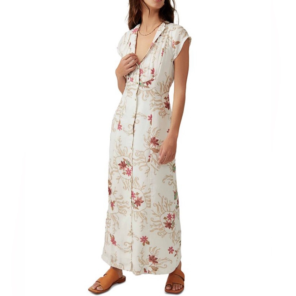 Free People Rosemay Printed Midi Dress - White and Pink- NWT